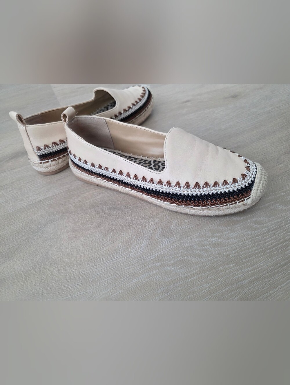 Chico's Cream Espadrille Slip-On Flats with Brown & Black Trim
